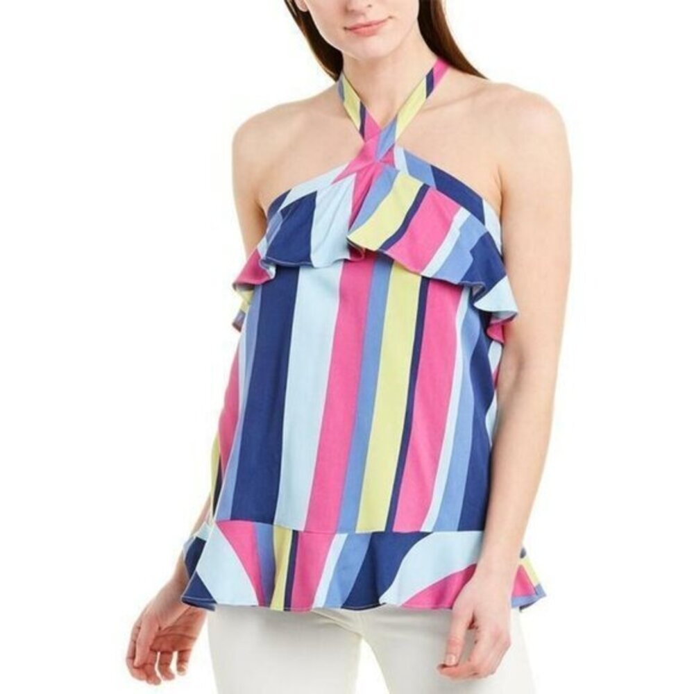 Parker Top Halter Neck Striped Ruffle Blouse Pink Blue Yellow Sz S NWT
